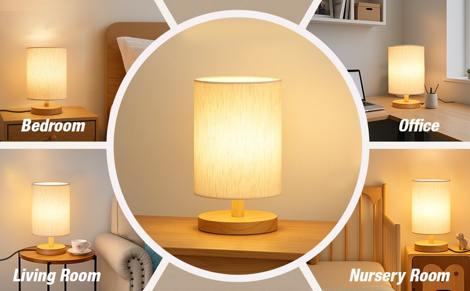 Small fabric shade table lamp with wood base shown in bedroom, office, living room, and nursery room settings.