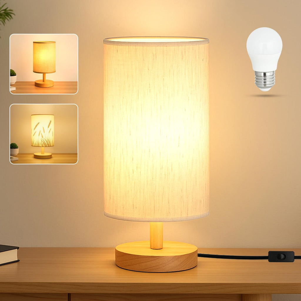 Small bedside lamp with fabric shade and wood base, shown with inset images of different shade patterns and an LED bulb.
