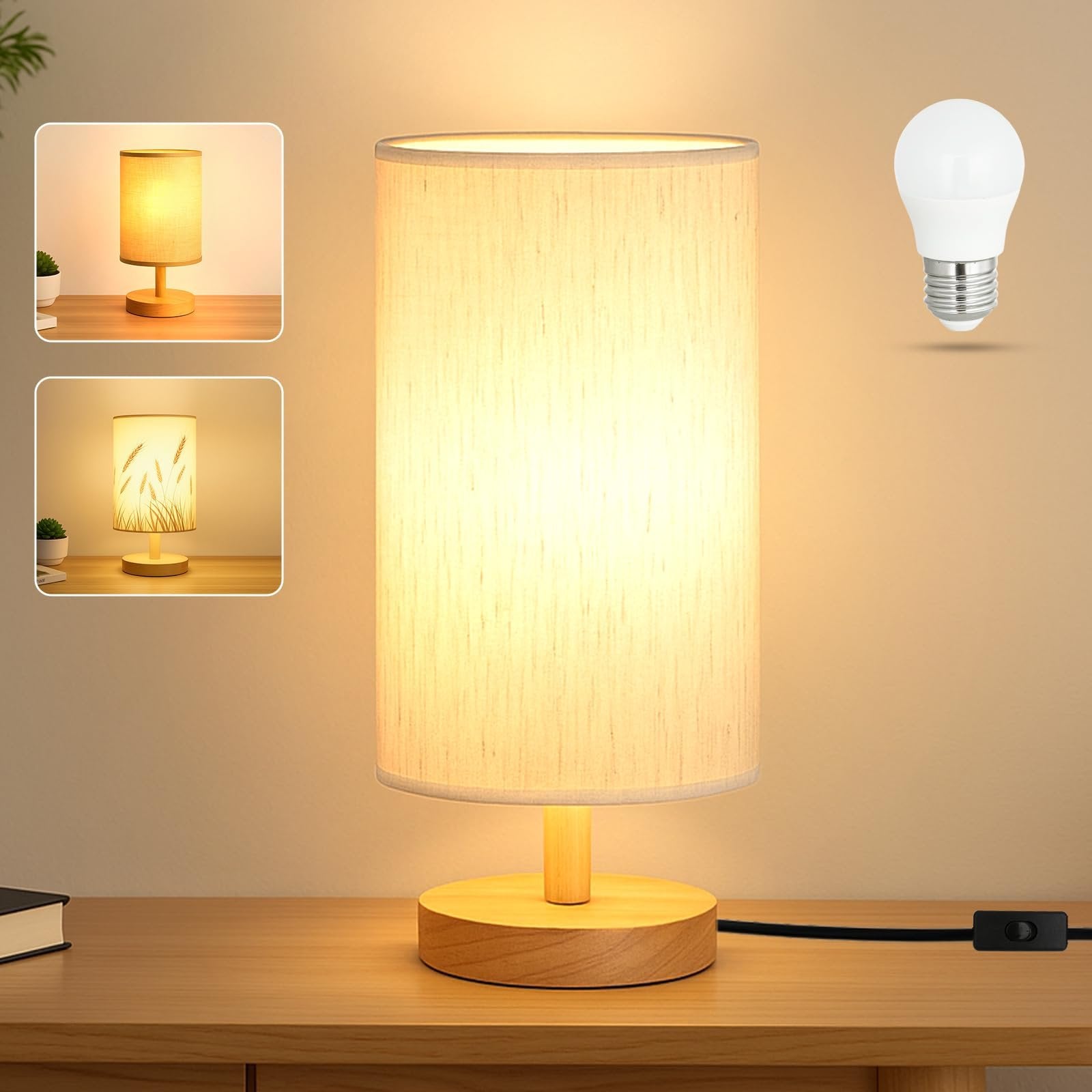 Small bedside lamp with fabric shade and wood base, shown with inset images of different shade patterns and an LED bulb.