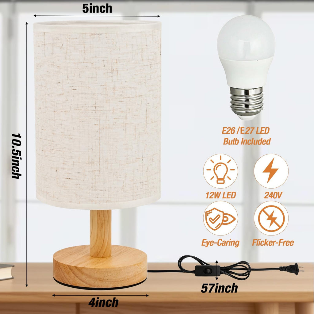 Small fabric shade table lamp with wood base and LED bulb, showing dimensions and features.