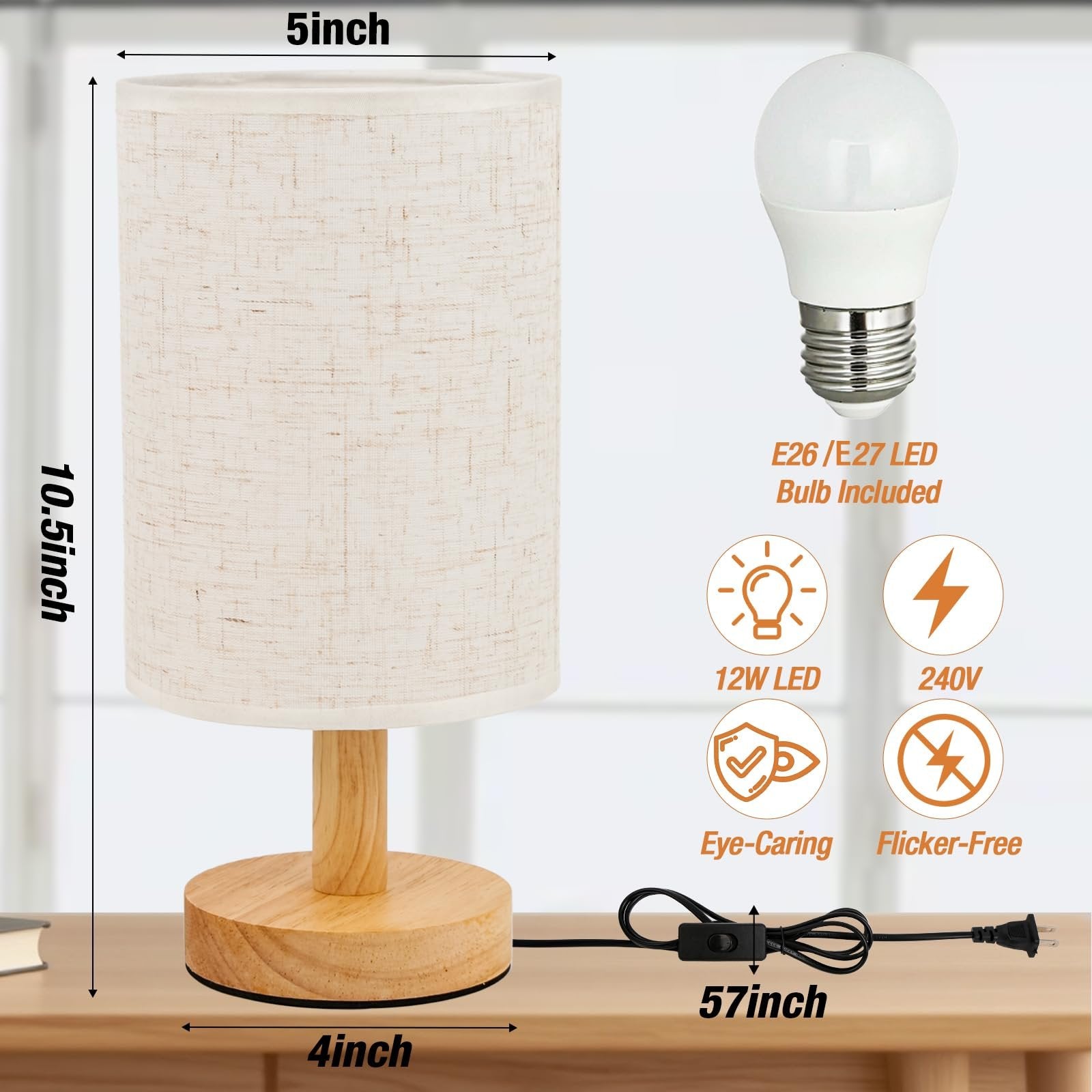 Small fabric shade table lamp with wood base and LED bulb, showing dimensions and features.
