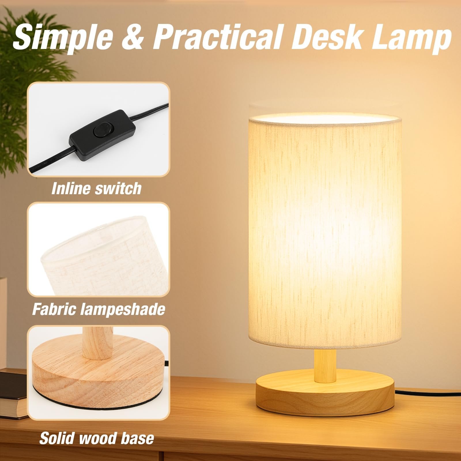 Small bedside lamp with fabric shade and wood base, showing inline switch, fabric lampshade, and solid wood base details.