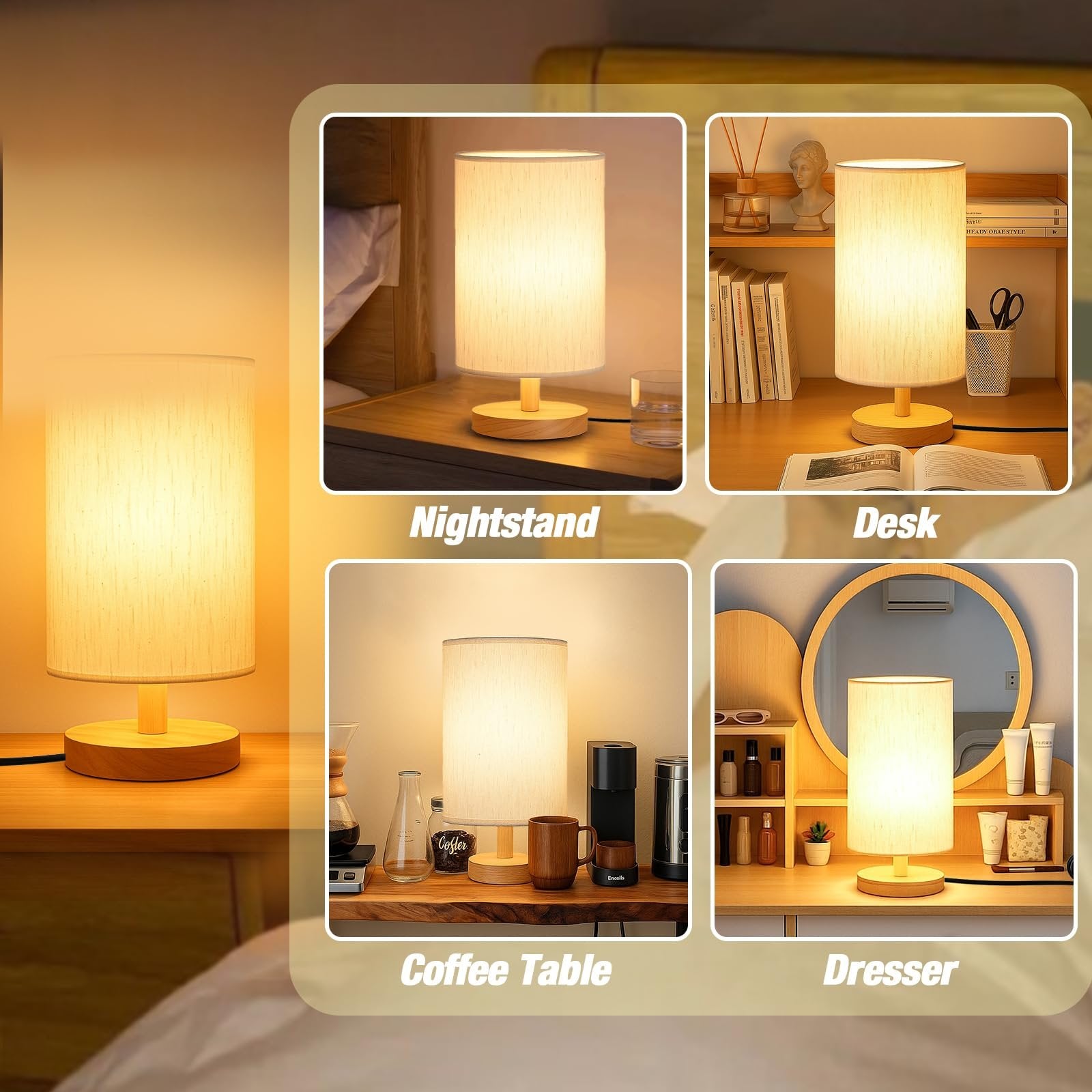 Four lifestyle images of a small fabric shade table lamp with a wood base, shown on a nightstand, desk, coffee table, and dresser.