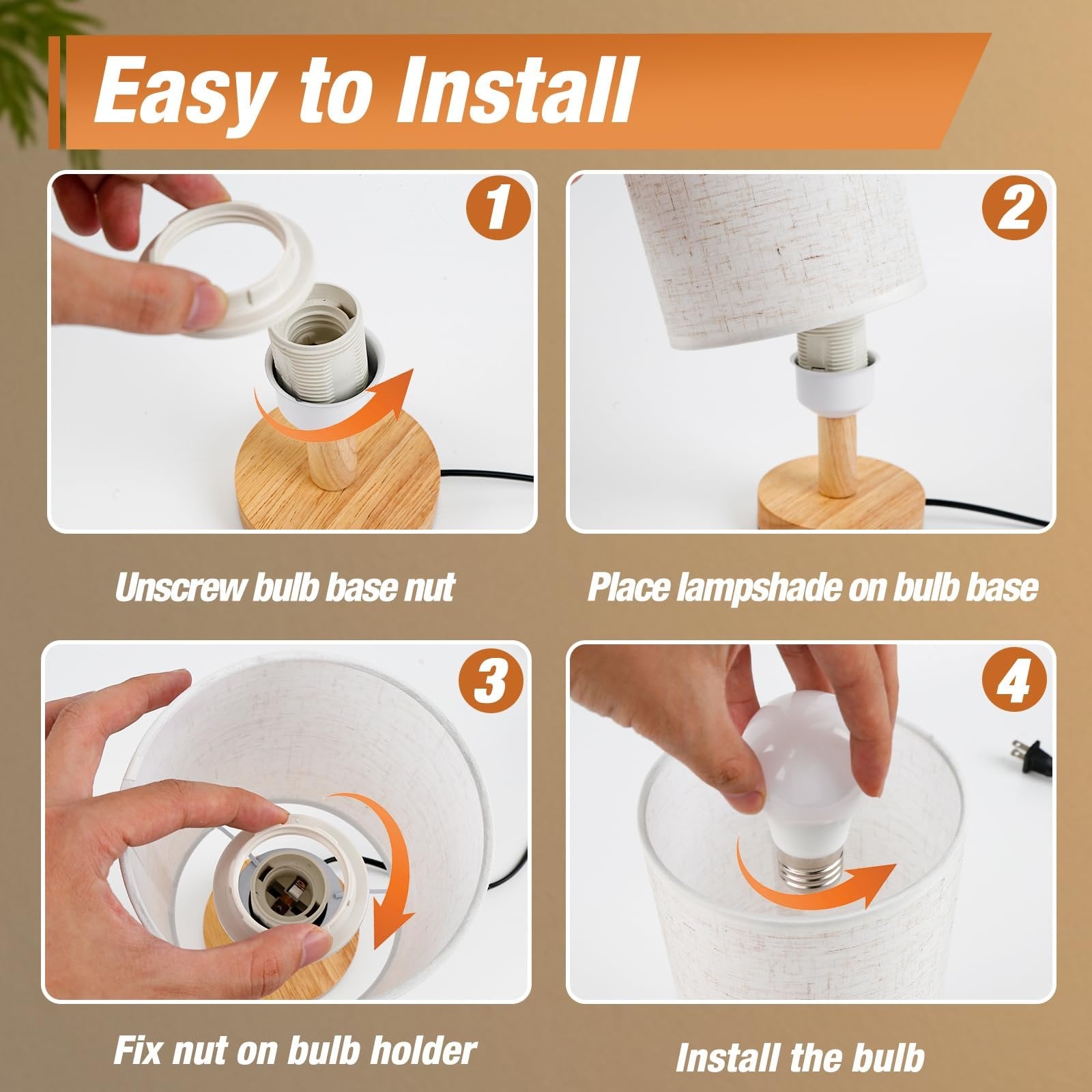 Four-panel diagram showing how to assemble a small table lamp with a wood base and fabric shade.
