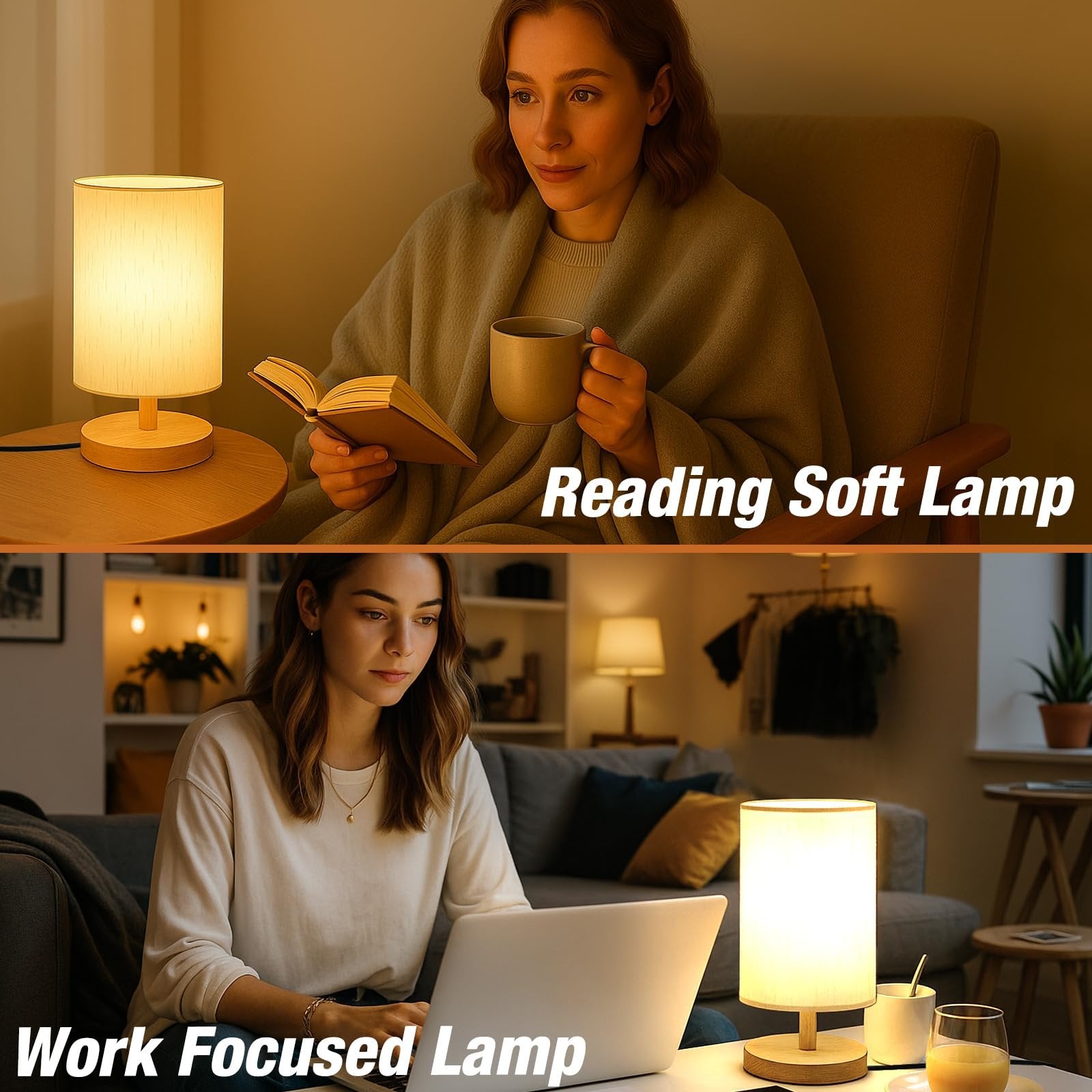 Split image showing a woman reading with a lamp and a woman working on a laptop with a lamp.