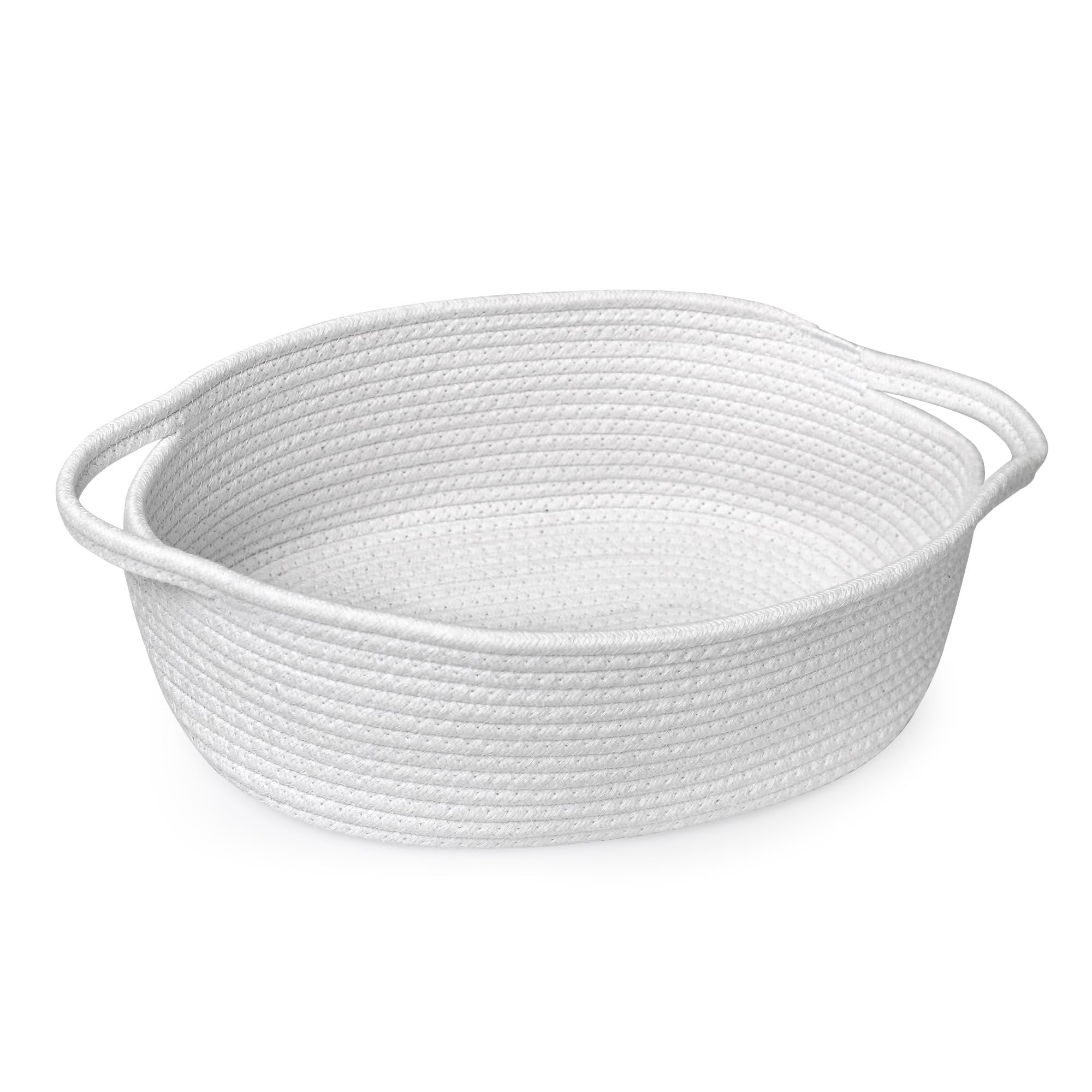 Oval woven cotton rope basket with handles, shown from a side angle on a white background.