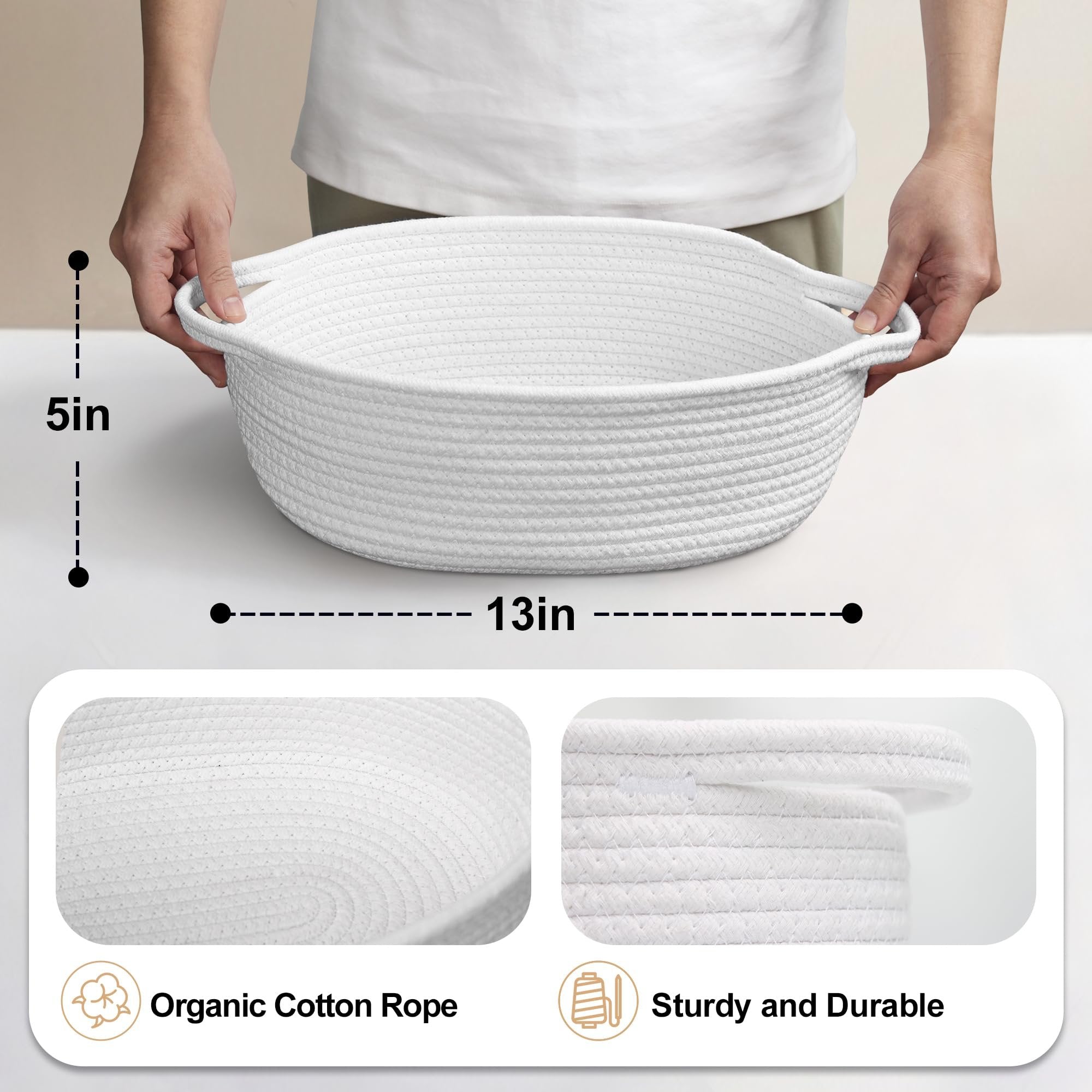 White woven cotton rope basket with handles shown with dimensions 13in and 5in, and close-ups of material and durability.