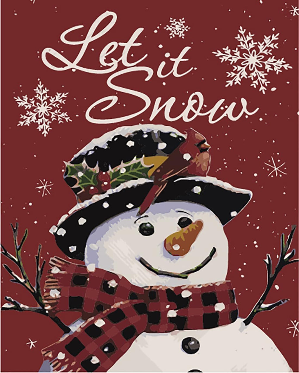 Christmas snowman with red scarf and hat, decorated with holly and a cardinal, with 'Let it Snow' text.