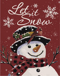 Christmas snowman with red scarf and hat, decorated with holly and a cardinal, with 'Let it Snow' text.