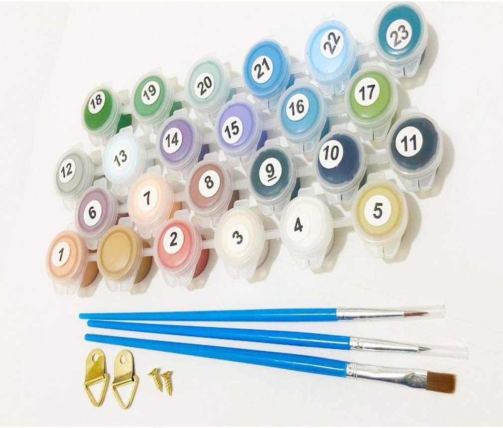 Paint by numbers kit with numbered acrylic paint pots and three brushes on a white background.
