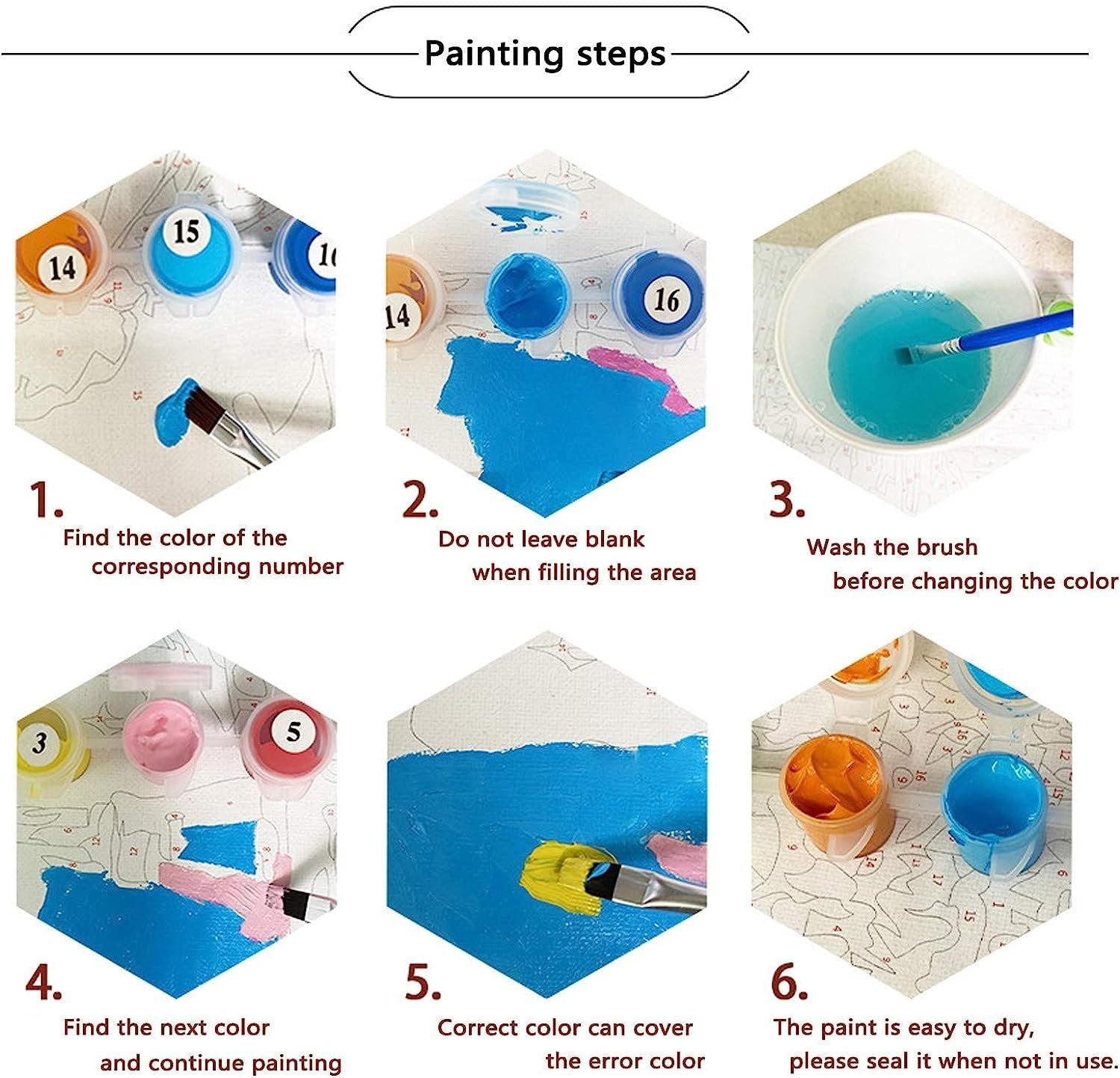 Paint by numbers kit instructions showing 6 steps with numbered paint pots and brushes.