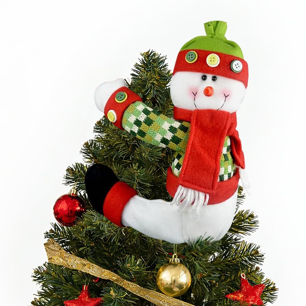Plush snowman tree topper with red scarf and green hat sits on a decorated Christmas tree