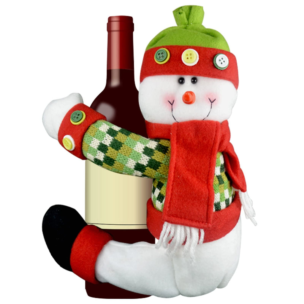 Plush snowman hugging a wine bottle, wearing a green hat and red scarf