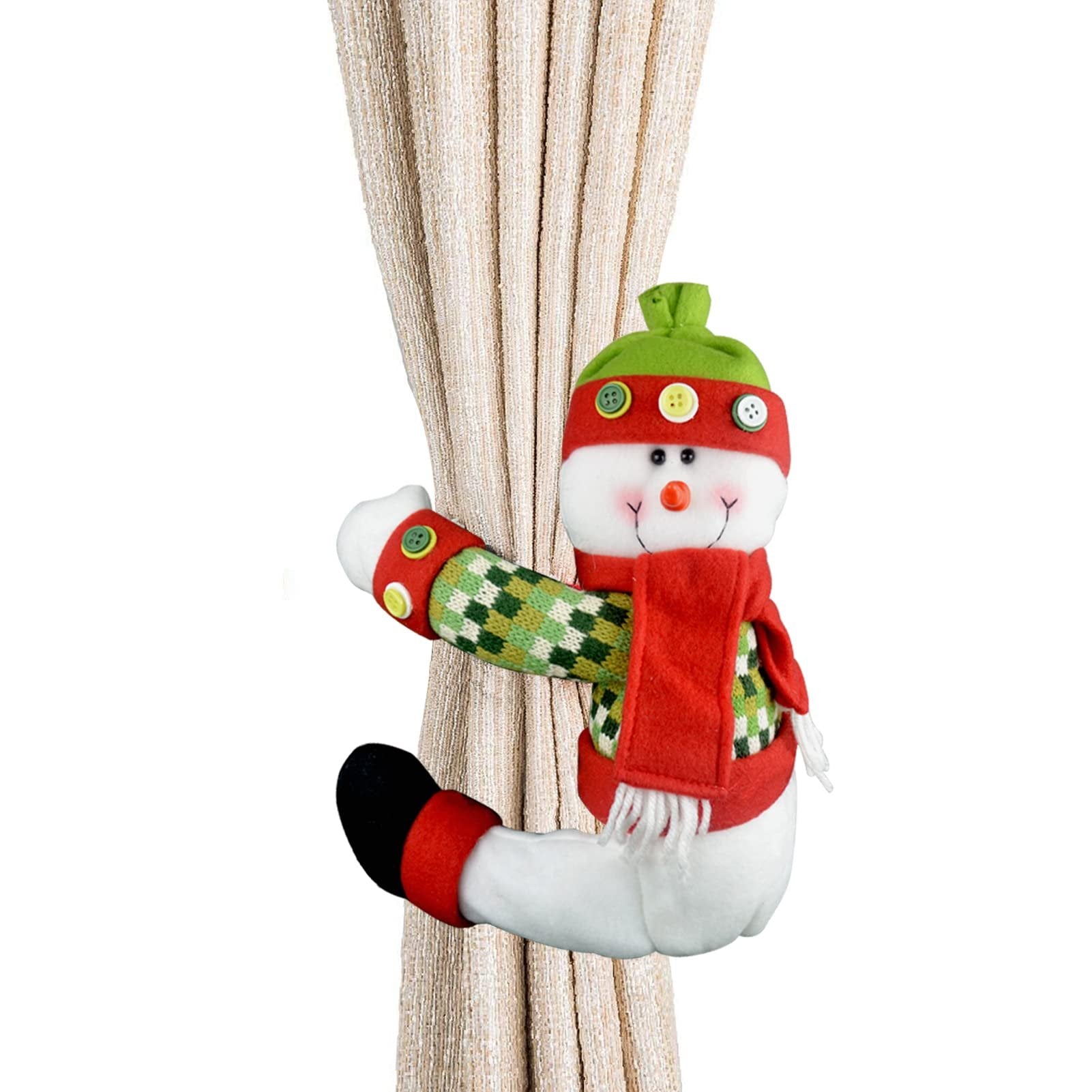 Plush snowman curtain tie-back hugging a beige textured curtain against a white background.