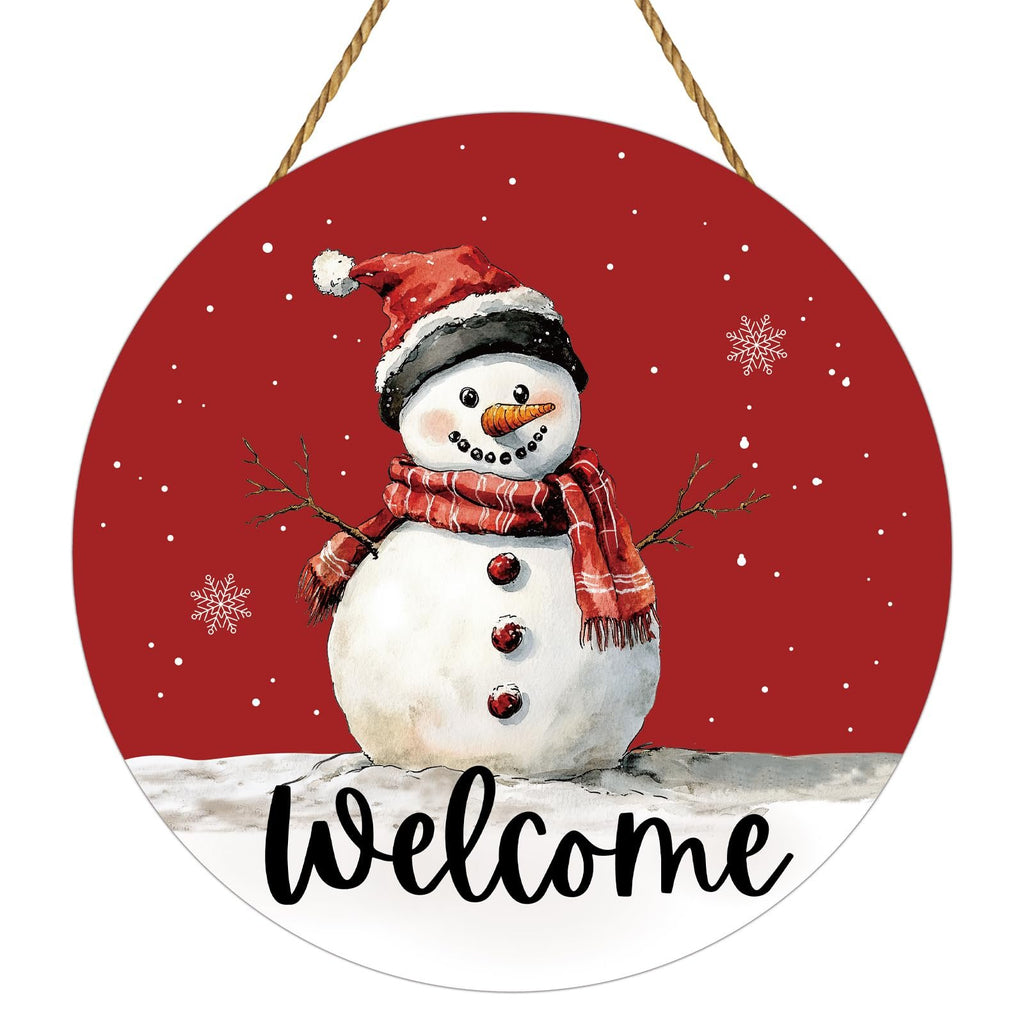 Round wooden snowman welcome door hanger with red background and falling snow