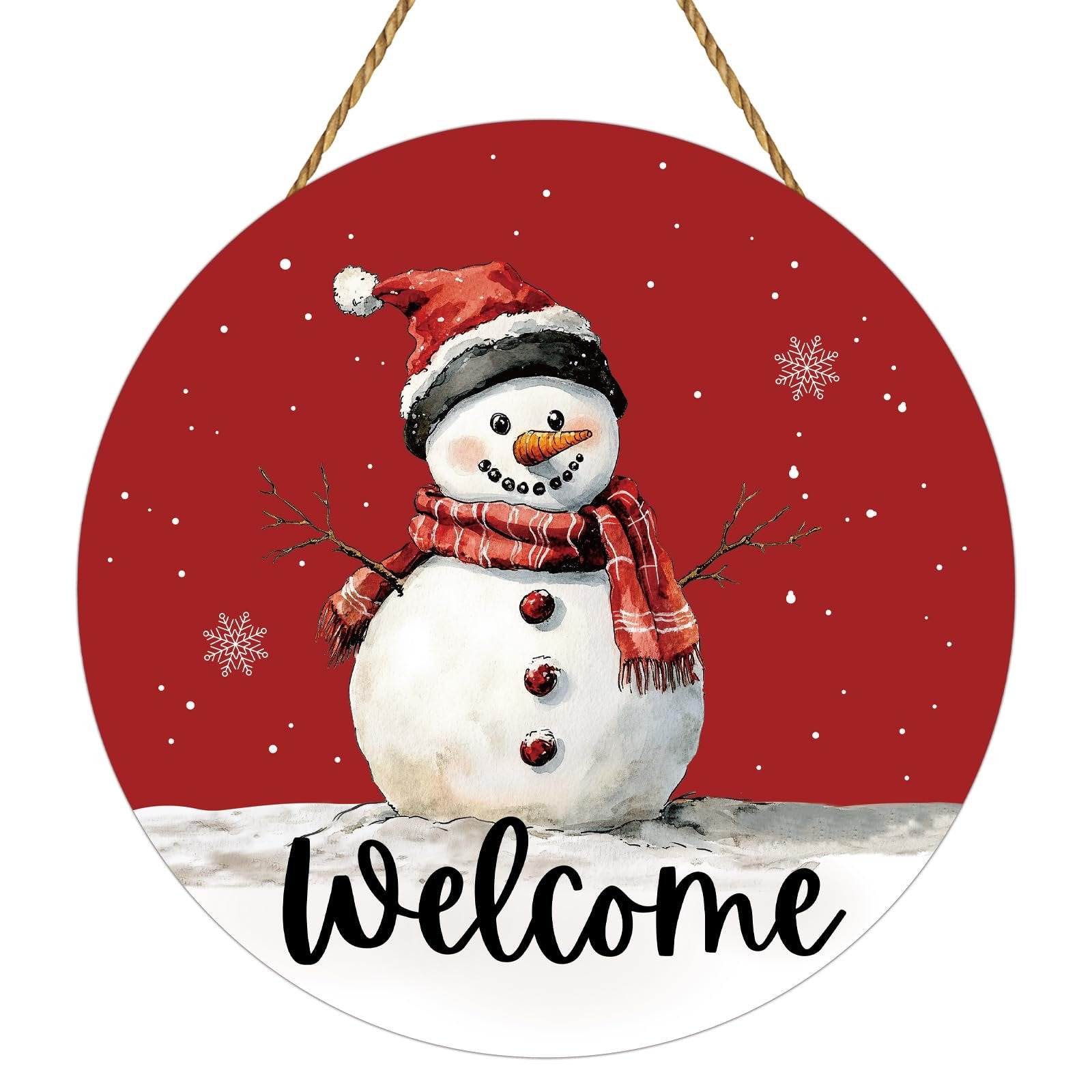 Round wooden snowman welcome door hanger with red background and falling snow