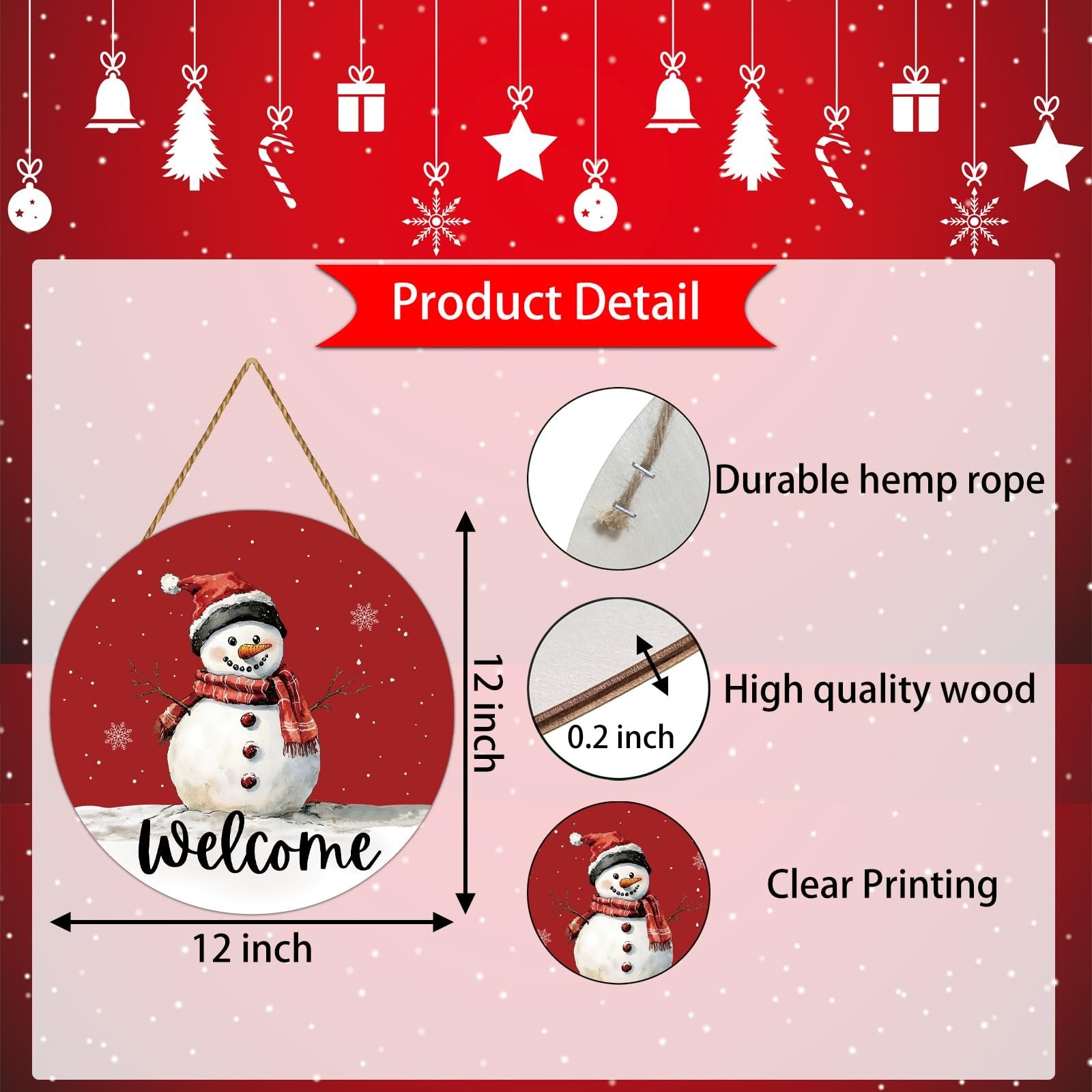 Round wooden snowman welcome door hanger with red scarf and hat, 12x12 inches