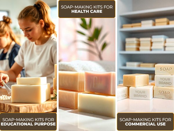 Collage of soap making scenes: people crafting soap, stacks of finished bars, and shelves of soap.