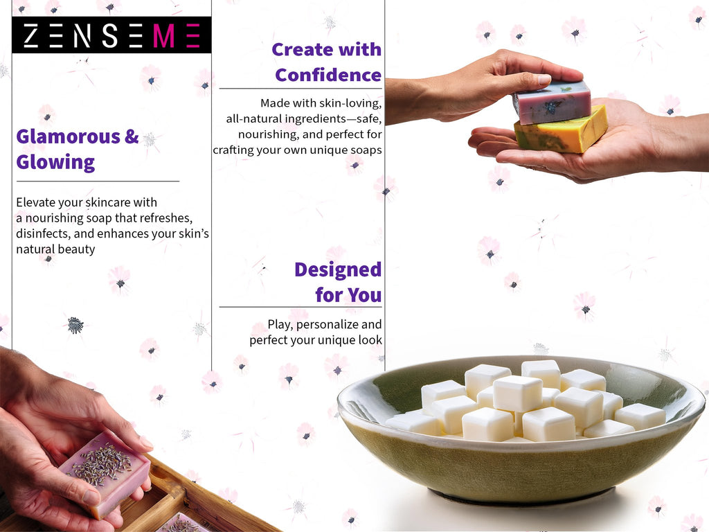 Soap making kit components including finished soaps and melt-and-pour base in a bowl.