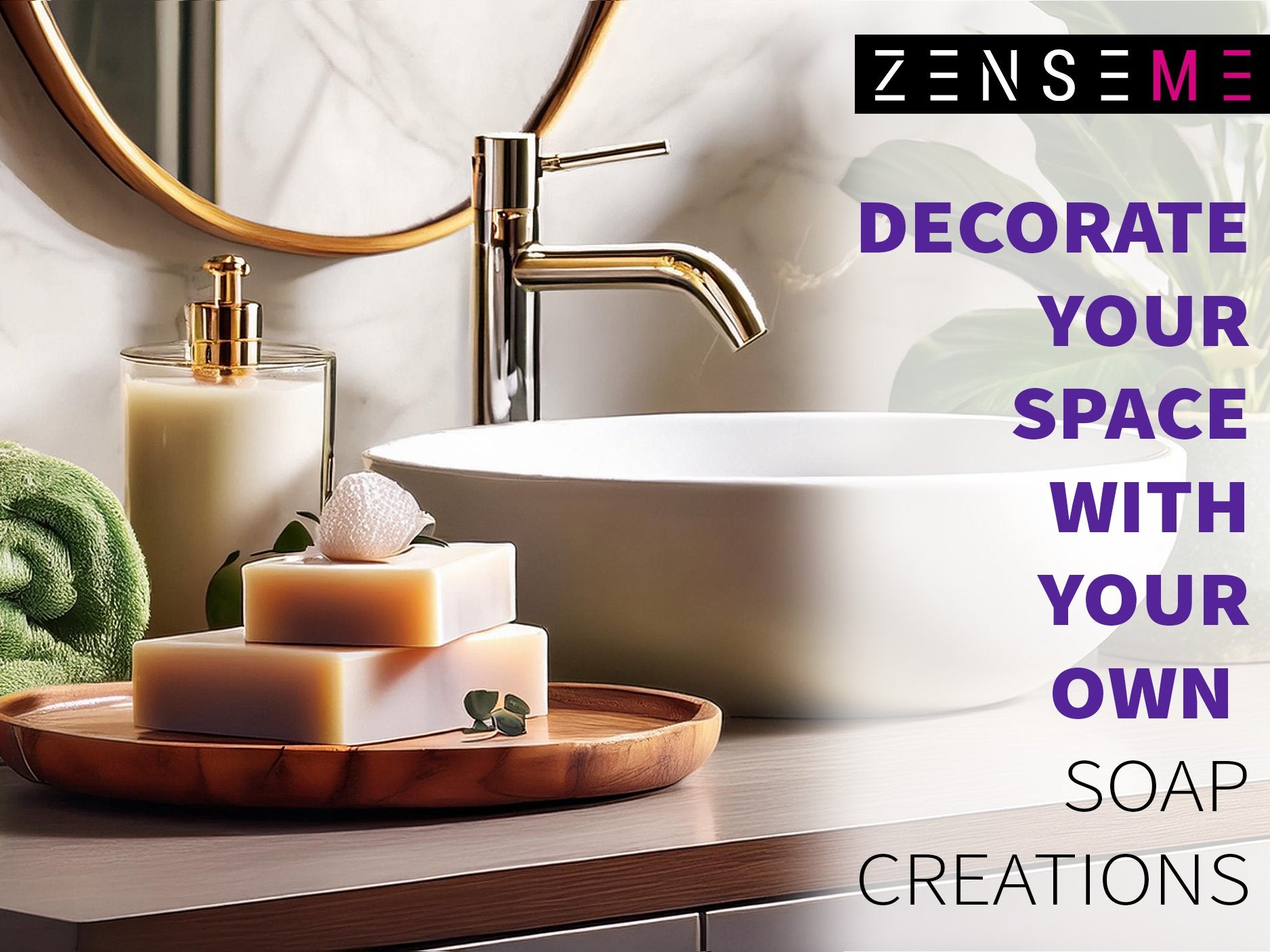Stacked handmade soaps on a wooden tray next to a green towel and a soap dispenser in a bathroom setting.