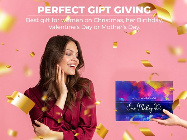 Woman smiling and holding a soap making kit box with colorful abstract art and text overlay.