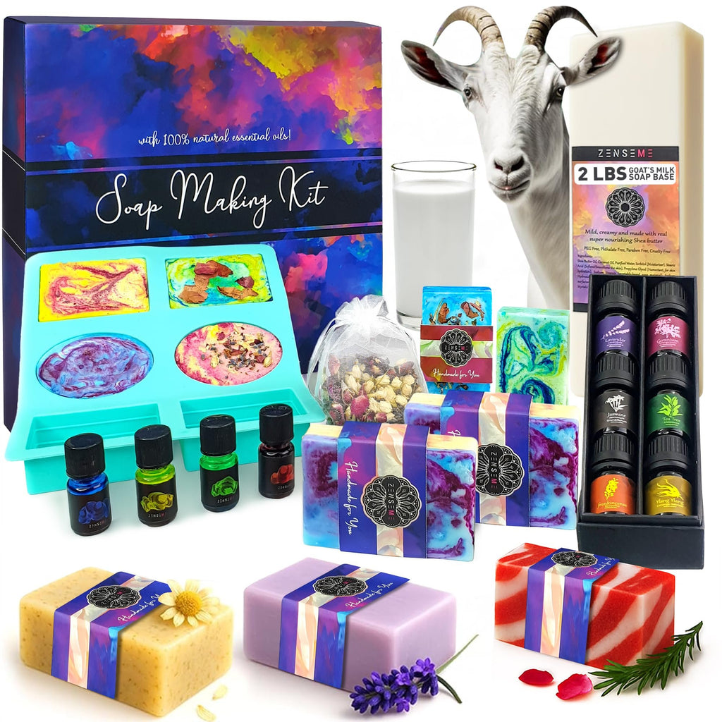 Soap making kit contents including goat milk base, essential oils, dyes, silicone mold, and finished soaps.