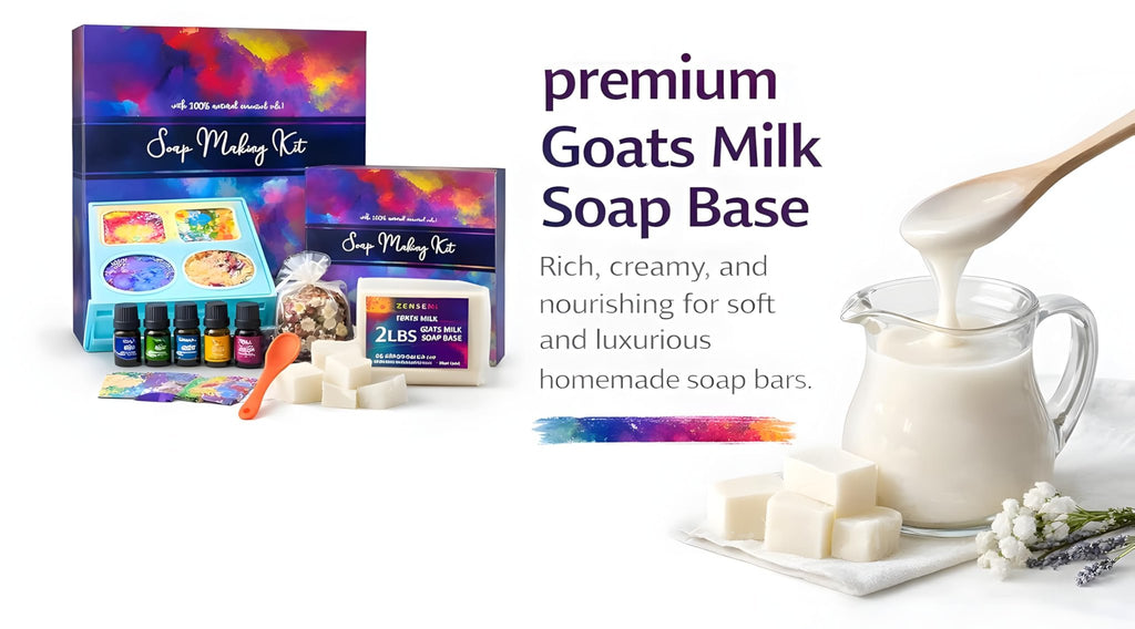 Soap making kit contents including essential oils, dyes, silicone mold, dried flowers, and soap base, with a pitcher of goat milk soap base being poured.