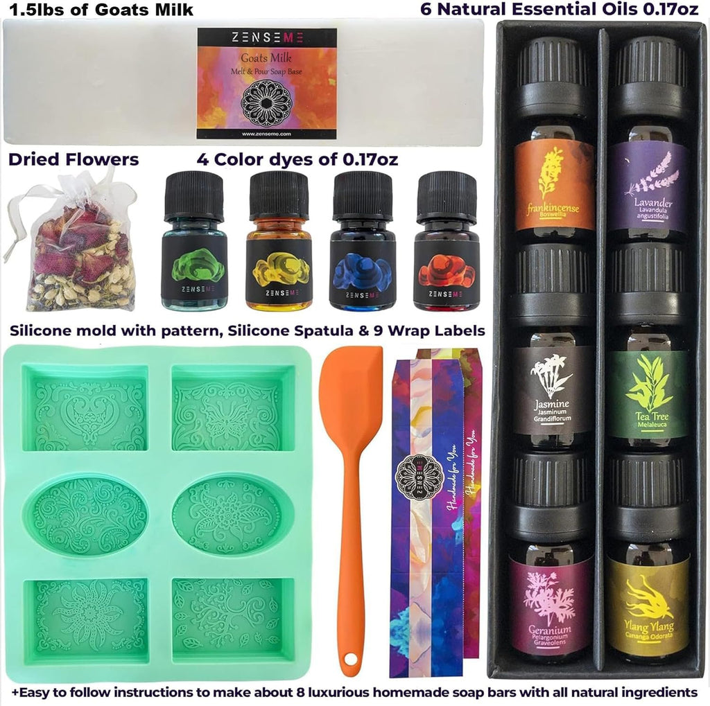 Soap making kit contents including goat milk base, essential oils, color dyes, dried flowers, silicone mold, spatula, and labels.