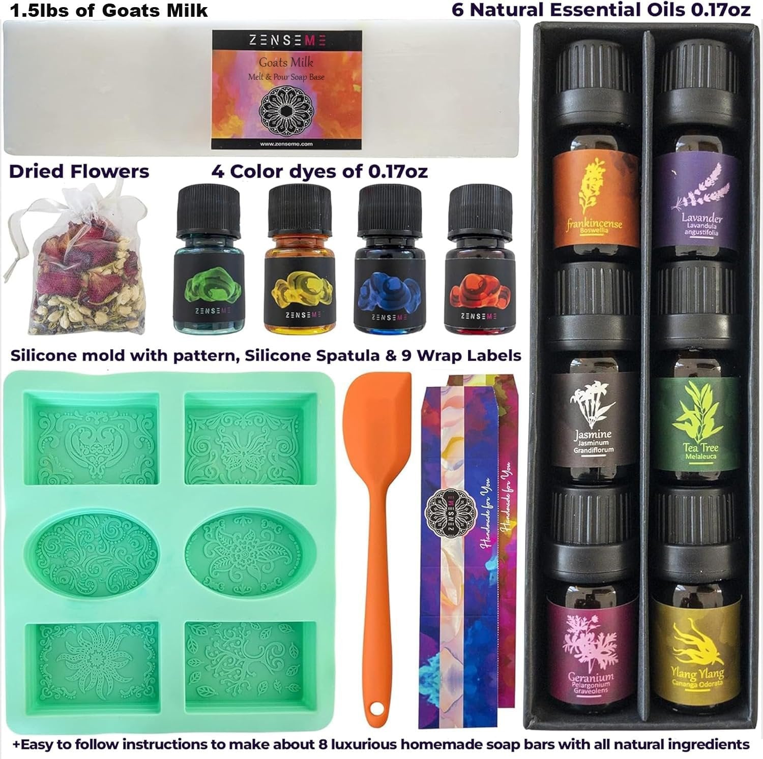 Soap making kit contents including goat milk base, essential oils, color dyes, dried flowers, silicone mold, spatula, and labels.