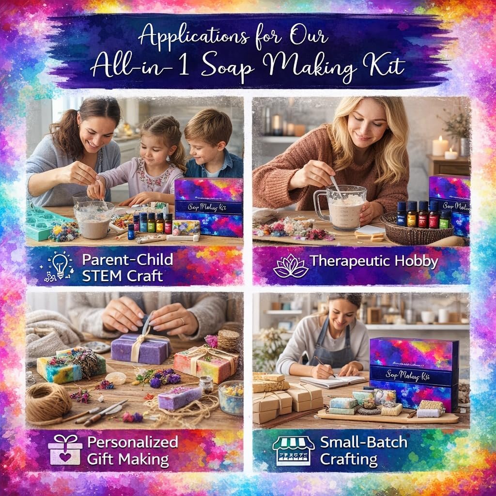 Collage of four scenes showing applications for a soap making kit: parent and children crafting, woman stirring ingredients, finished soaps, and woman journaling.