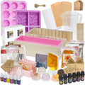 Soap making kit contents including various molds, soap base blocks, essential oils, dried flowers, and tools.