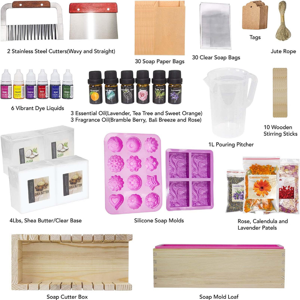 Soap making kit contents including cutters, dye liquids, essential oils, soap base, molds, and botanicals.