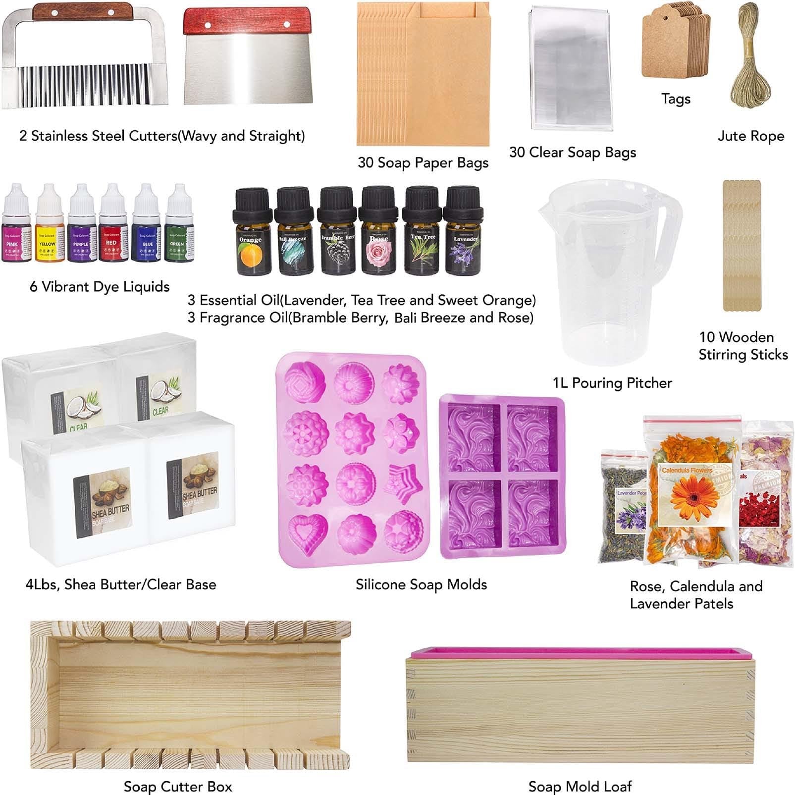 Soap making kit contents including cutters, dye liquids, essential oils, soap base, molds, and botanicals.