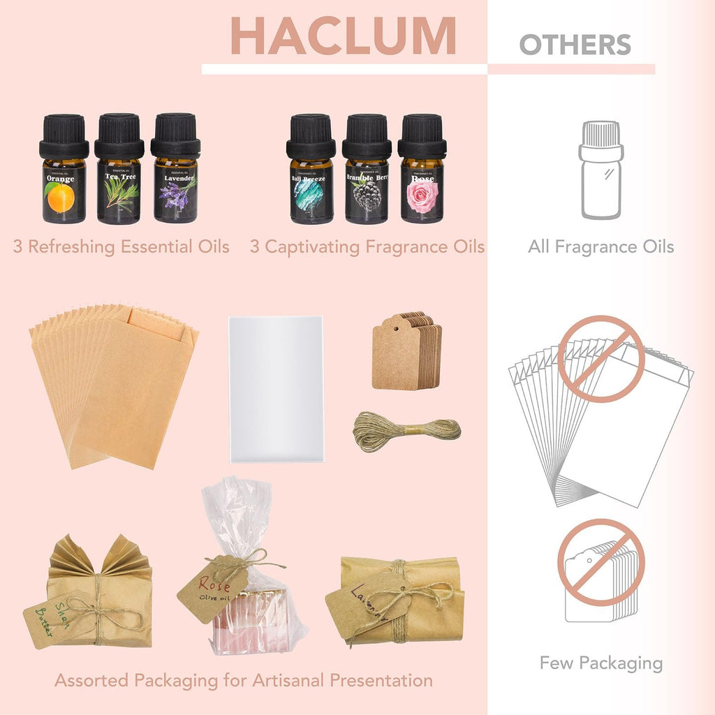 Soap making kit contents including essential oils, fragrance oils, packaging materials, and twine.