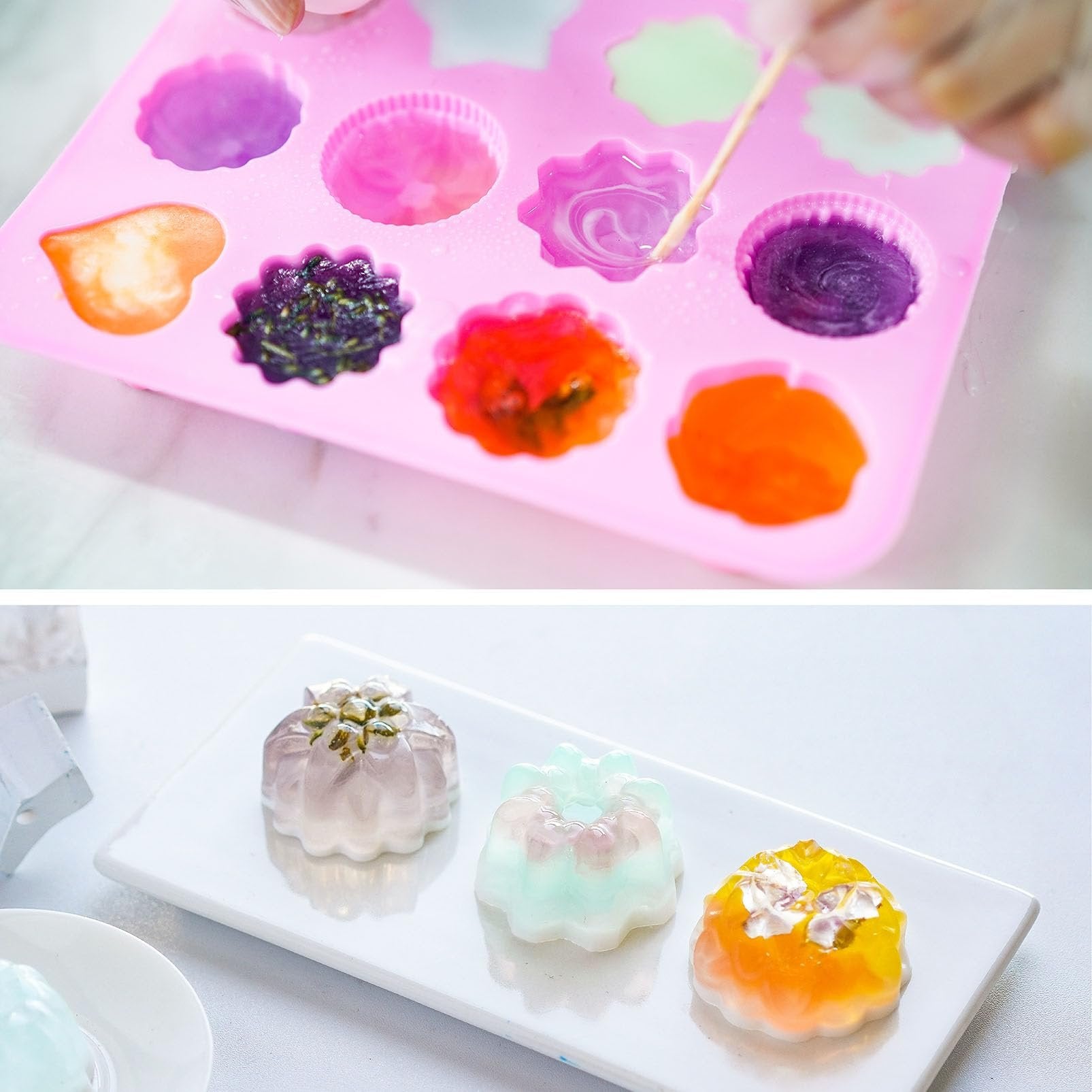Soap making process showing colorful melt and pour base in silicone molds and finished soaps on a white plate.
