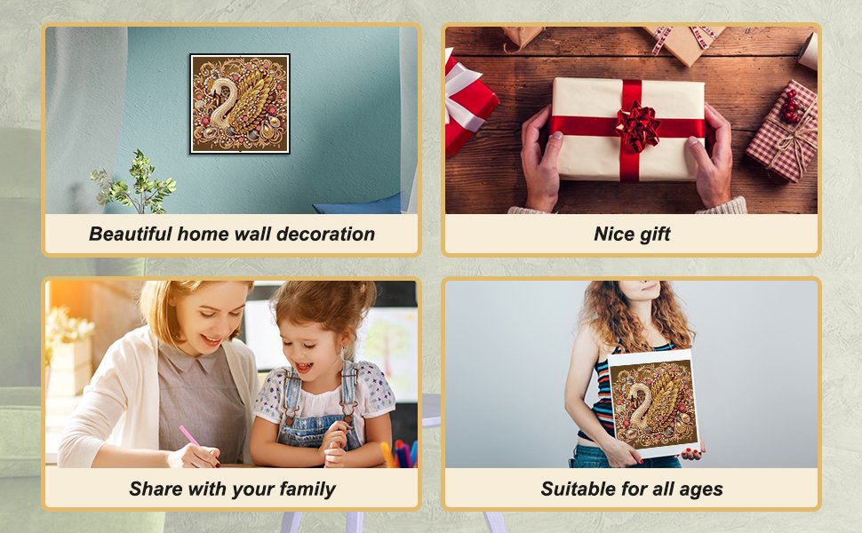 Collage of diamond painting kit images: framed swan art on wall, hands holding gift boxes, mother and child crafting, woman holding finished swan painting.
