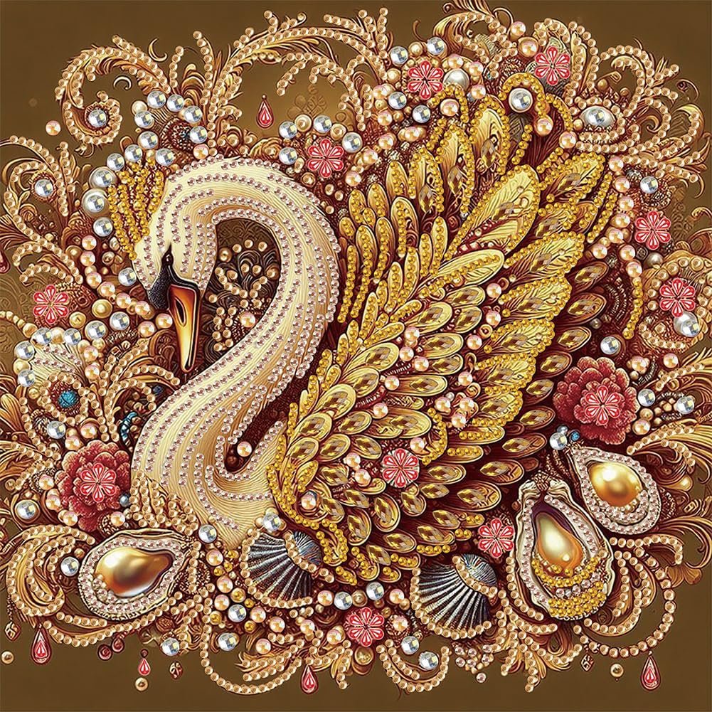 Diamond painting kit featuring a detailed swan design with ornate golden feathers and embellishments, including pearls and rhinestones.