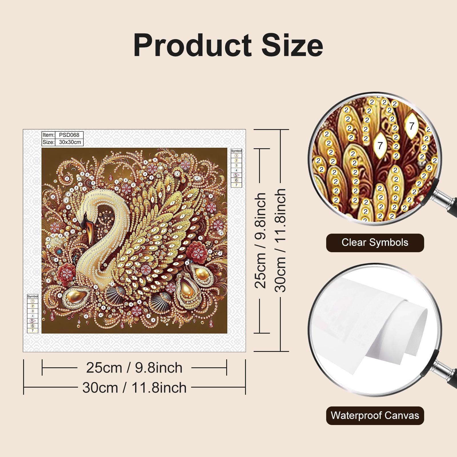 Diamond painting kit featuring a swan design with detailed embellishments, showing size dimensions and symbol key.