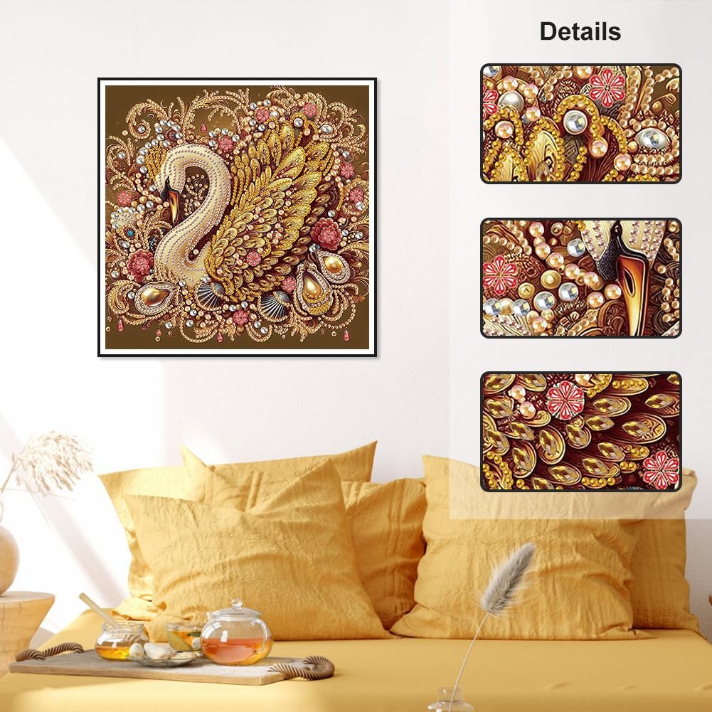 Diamond painting kit with a swan design, featuring intricate details and sparkling rhinestones, displayed on a wall above yellow pillows.