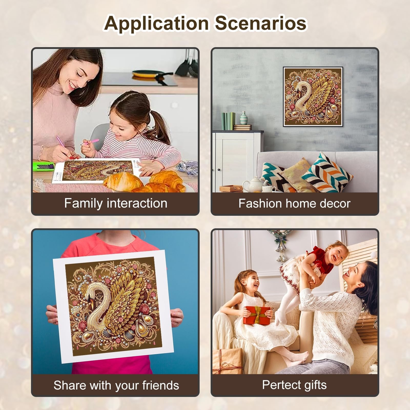 Collage of diamond painting application scenarios: family interaction, home decor, sharing, and gift-giving.