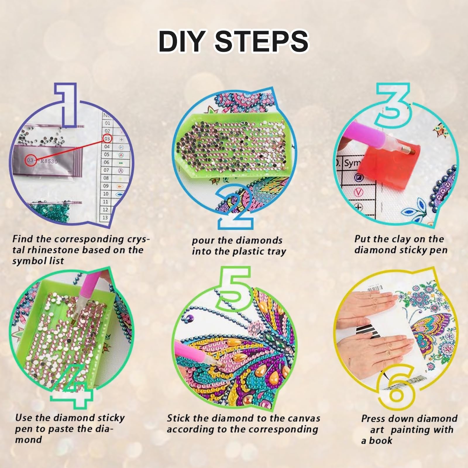 Diamond painting kit instructions showing 6 steps with illustrations and text.