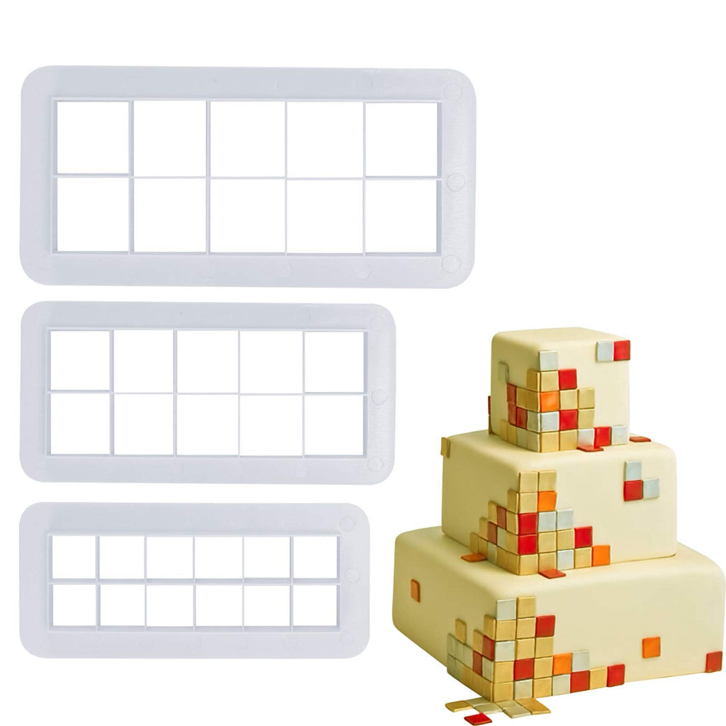 Three white geometric cookie and fondant cutters next to a three-tier cake decorated with pixelated squares