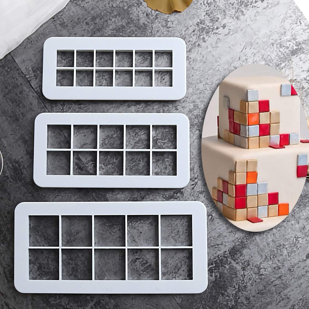 Three white geometric cookie and fondant cutters with multiple square compartments, shown with an inset oval of a cake decorated with pixelated squares.
