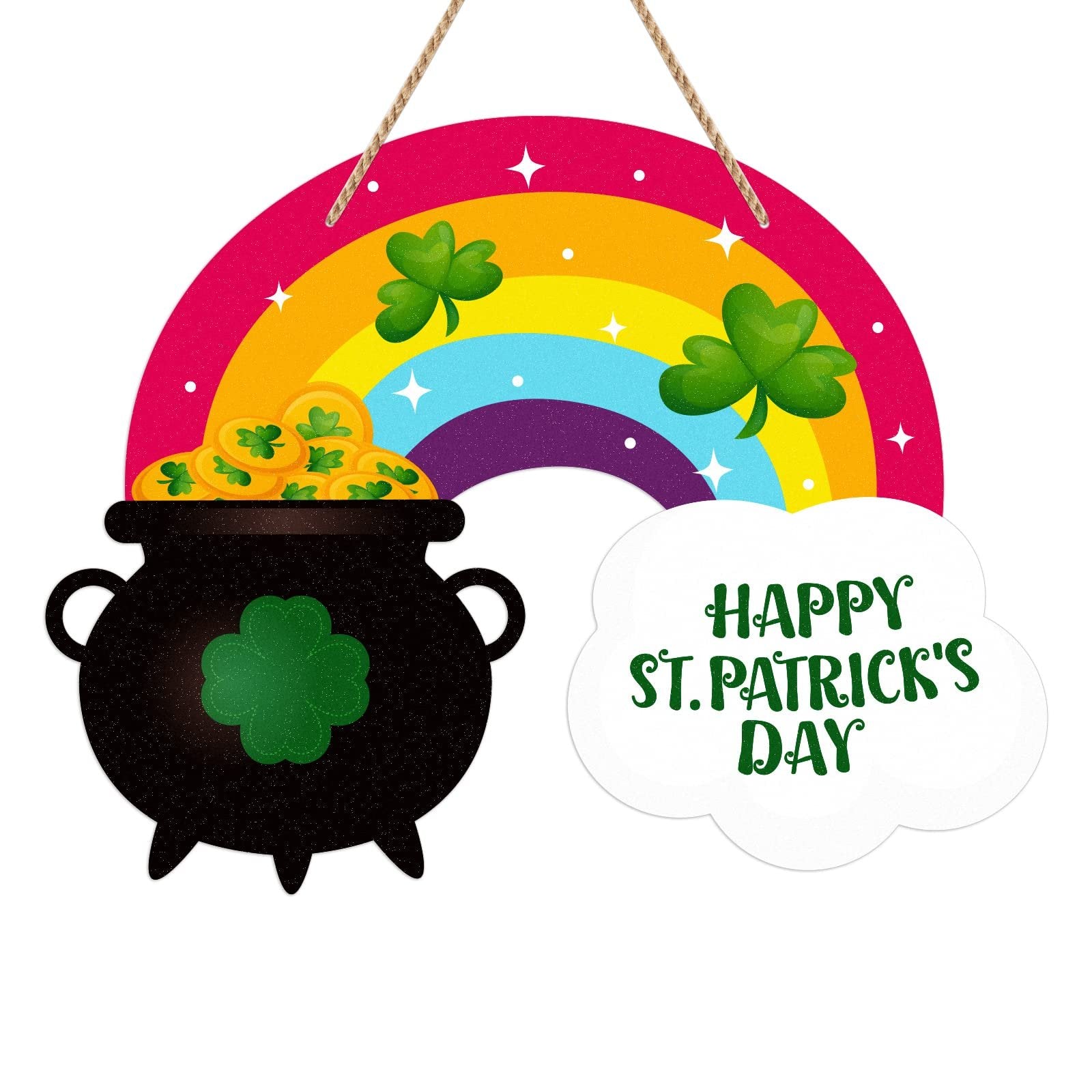 St. Patrick's Day door sign with a rainbow, pot of gold, and shamrocks, reading 'Happy St. Patrick's Day'.
