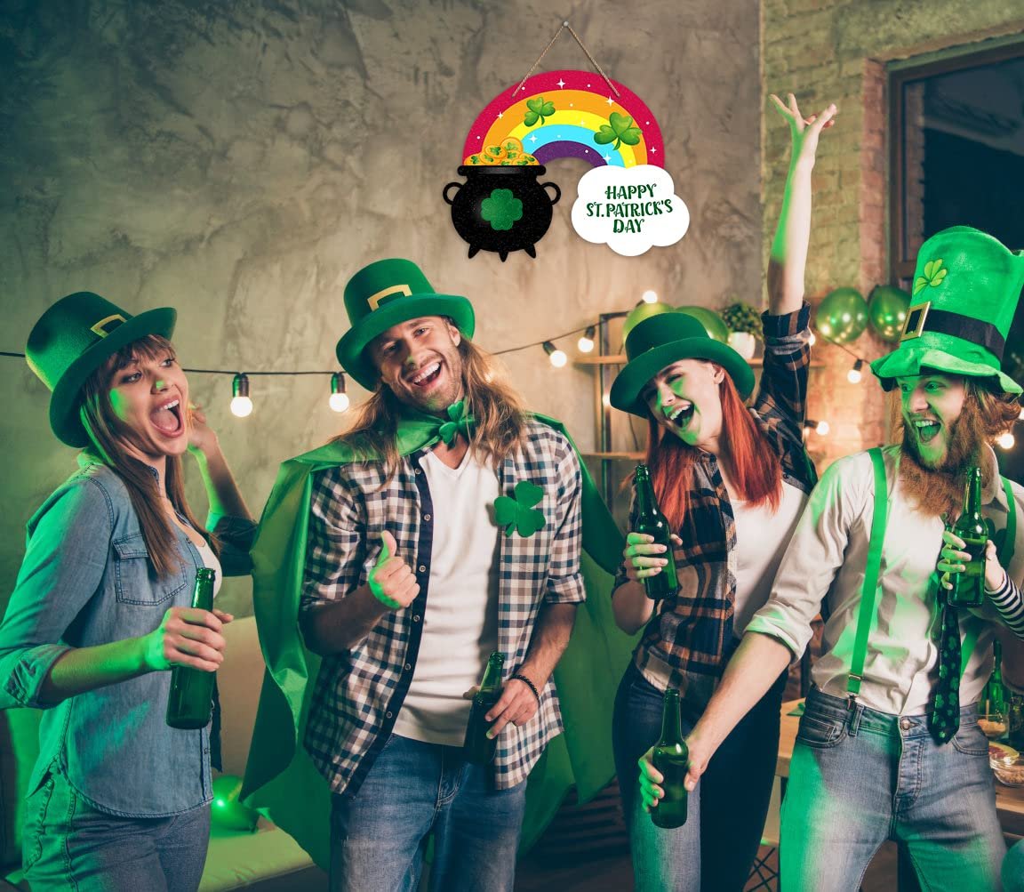 People celebrating St. Patrick's Day with a rainbow and pot of gold door sign