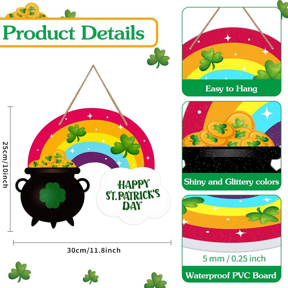St. Patrick's Day rainbow and pot of gold door sign with dimensions and feature callouts.