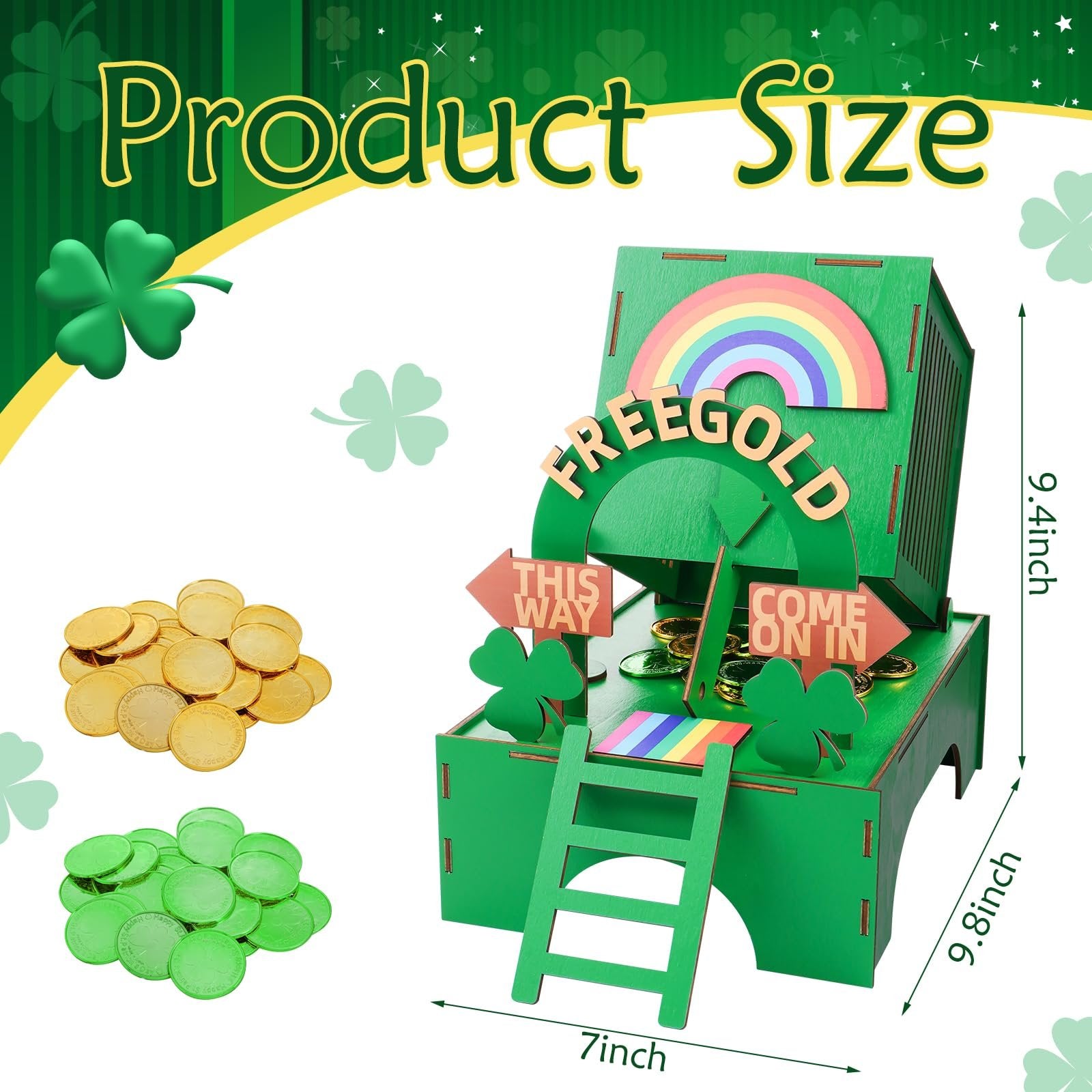 St. Patrick's Day Leprechaun trap kit with coins, showing dimensions 7x9.8x9.4 inches.