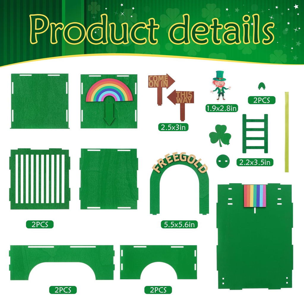 St. Patrick's Day Leprechaun Trap Kit components laid out, including green panels, rainbow, signs, leprechaun figure, and coins.