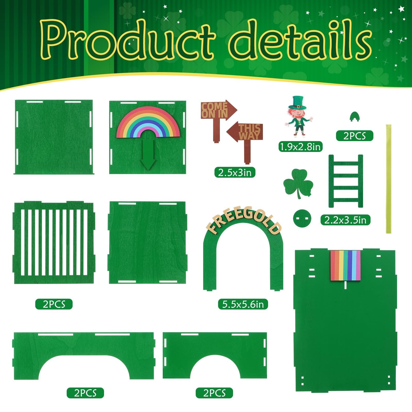 St. Patrick's Day Leprechaun Trap Kit components laid out, including green panels, rainbow, signs, leprechaun figure, and coins.
