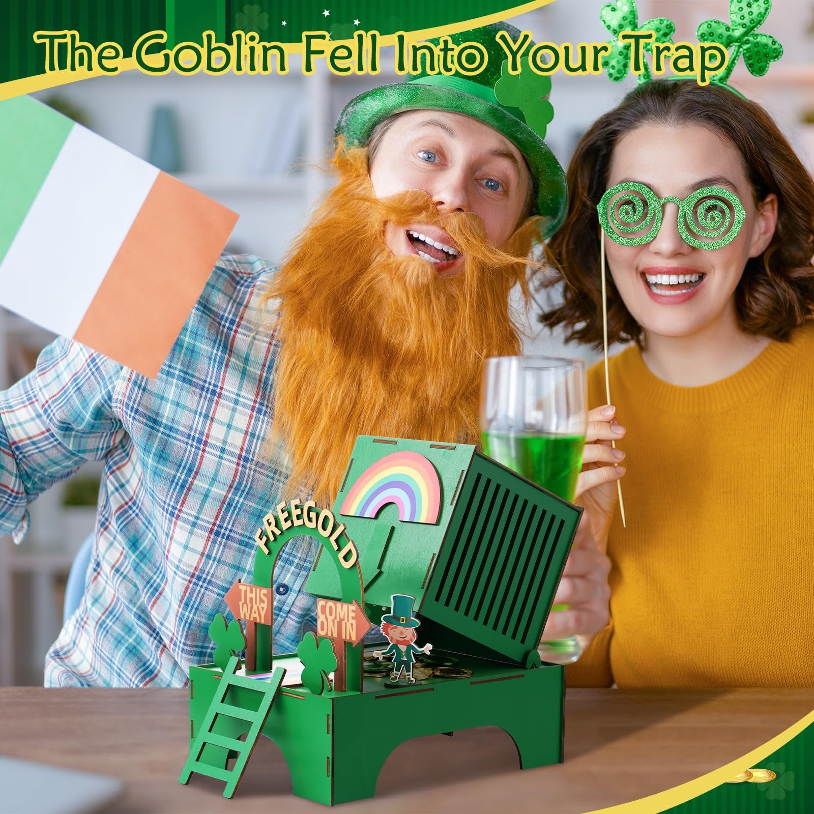 St. Patrick's Day leprechaun trap kit with two people in festive attire, one holding an Irish flag.